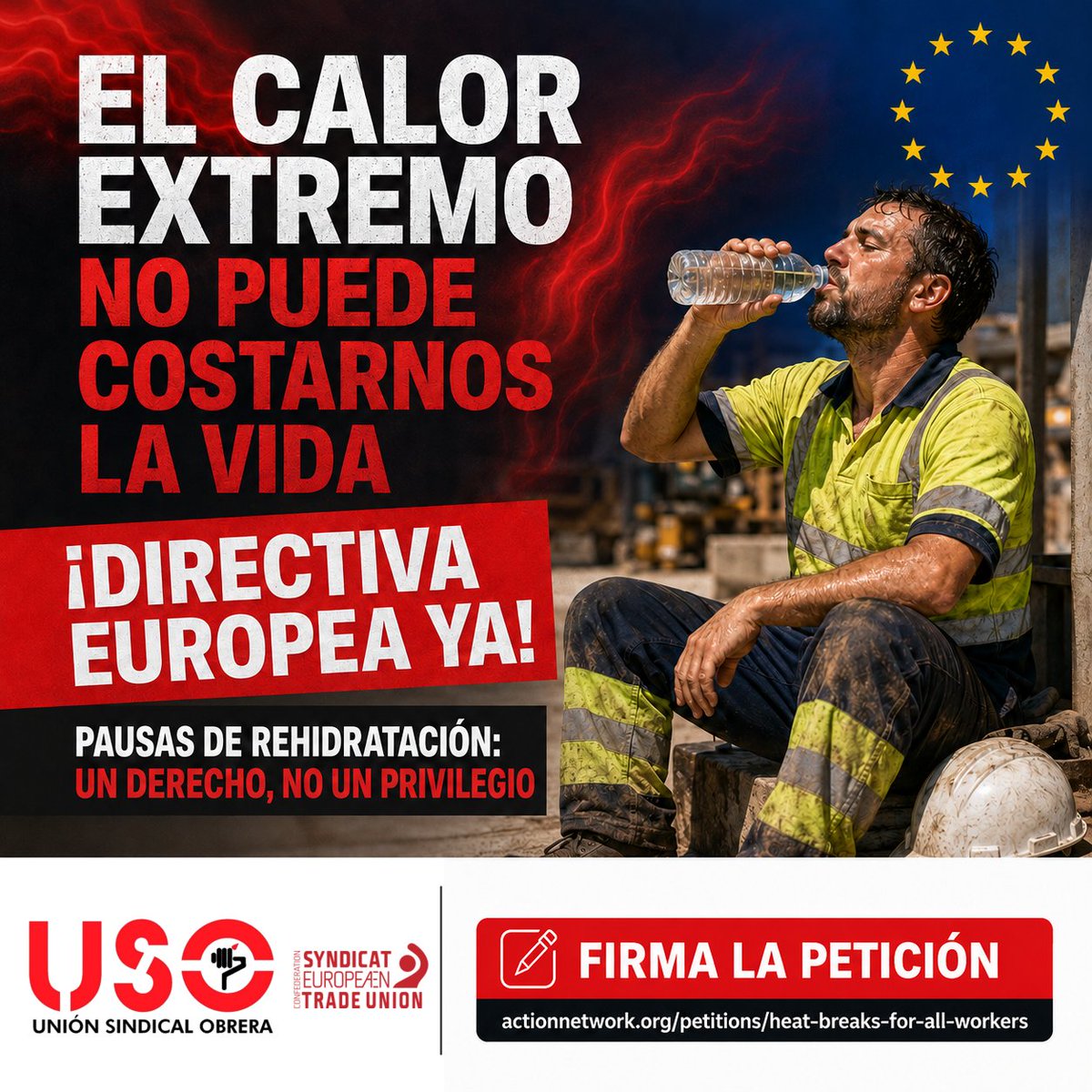 USO_Internacion's tweet photo. 🔥 El calor extremo no puede costarnos la vida. 

@SindicatoUSO se suma a la campaña de la @etuc_ces para exigir una Directiva Europea específica que proteja a todas las personas trabajadoras frente a las altas temperaturas. 

➡️https://t.co/JMvpmdL3bO

#Calorextremo #prevencion #saludlaboral #oladecalor
