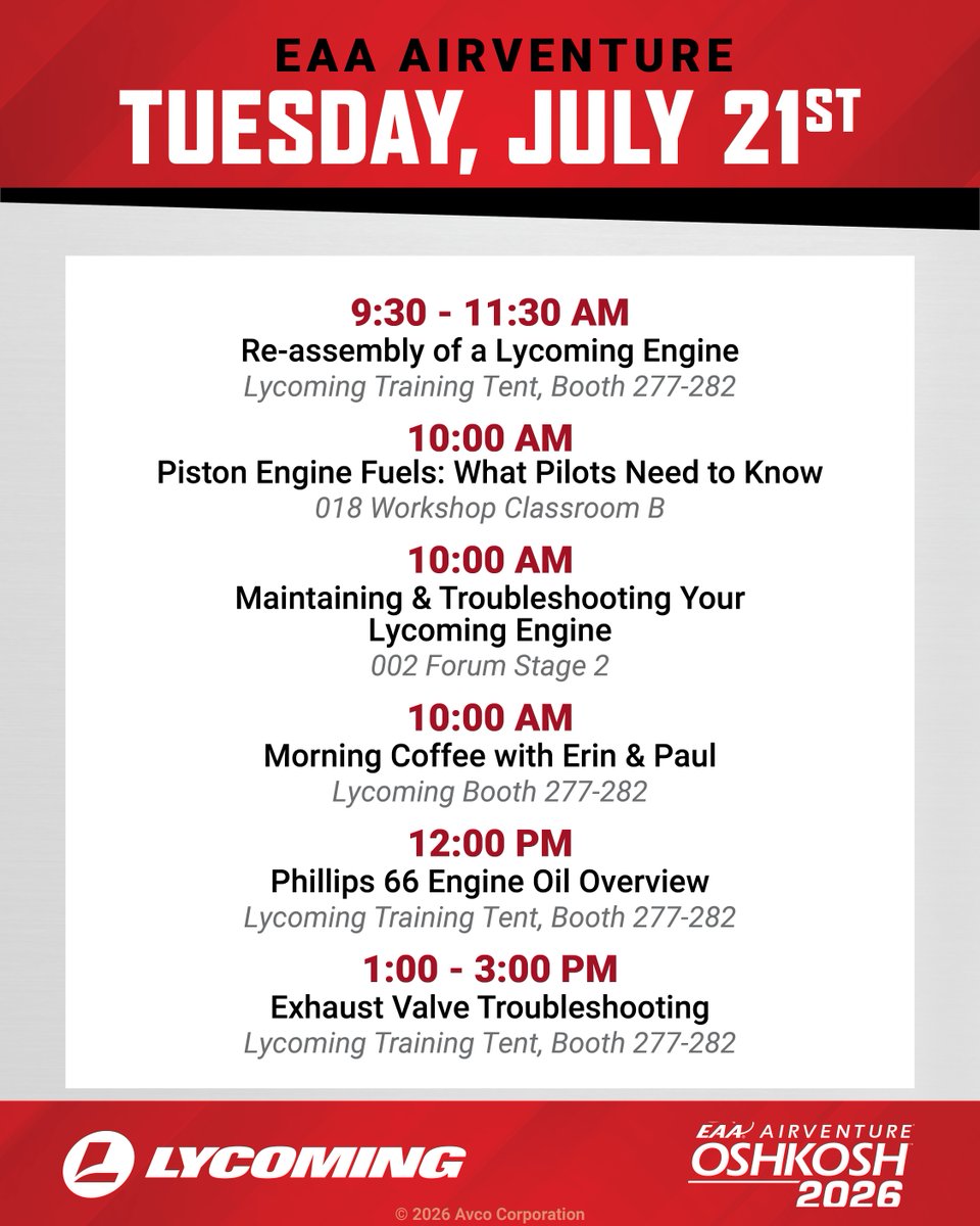 LycomingEngines's tweet photo. Pilots at #AirVenture2026, you won’t want to miss what we’ve got going on at the Lycoming Engines booth today! Come have morning coffee with Erin &amp; Paul, then bring your Lycoming Engine questions to our technical experts and take a look on our gear store. See you there! https://t.co/EXWWy3XirN