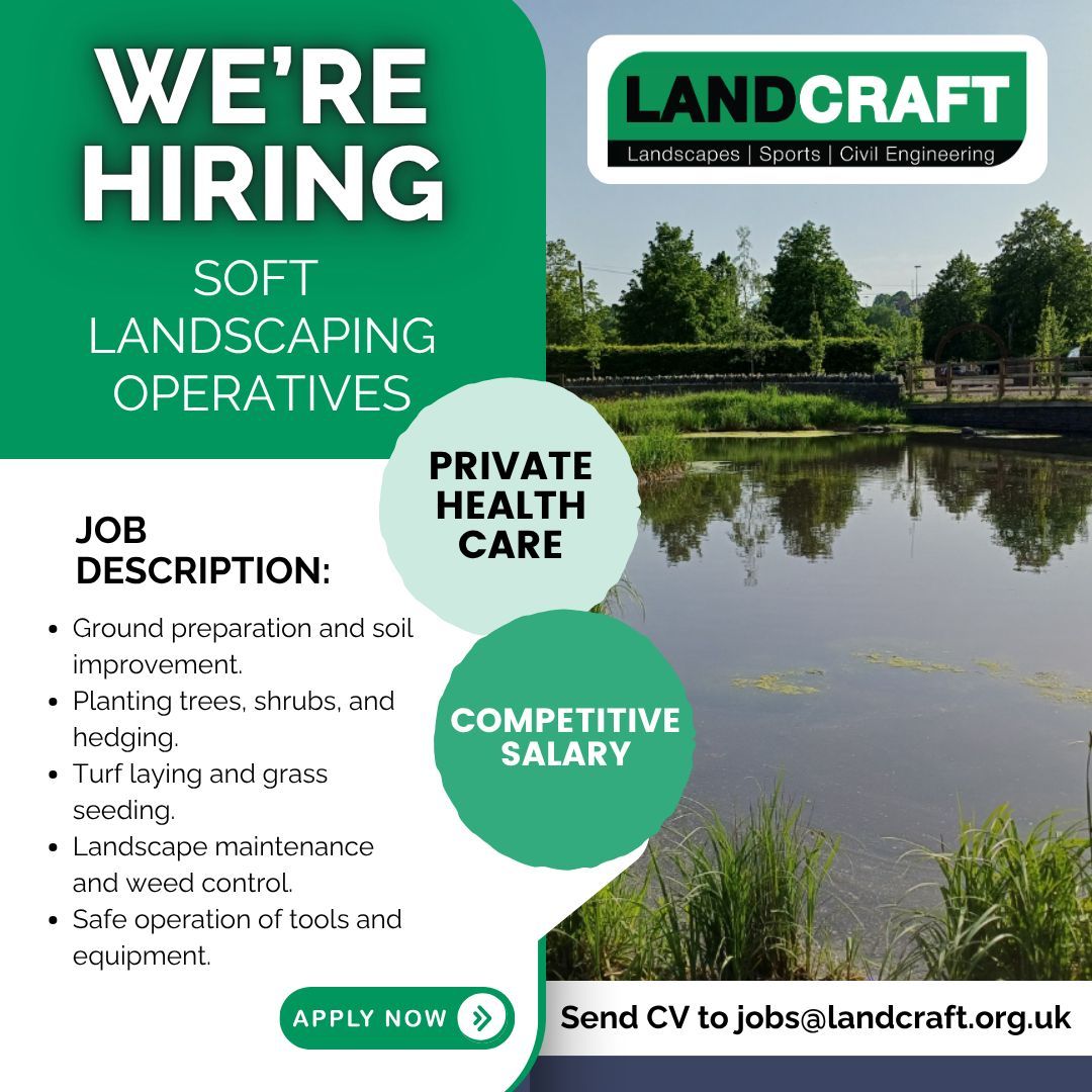LandcraftUK's tweet photo. ❗ We are Hiring ❗

We are looking for Soft Landscaping Operatives to join our growing team! 💪

✔️ Private Health Care
✔️ Competitive Salary

Think this could be you? Send your cv to jobs@landcraft.org.uk 

#landcraft #hiring #jobvacancy https://t.co/xKbSiyBr2W