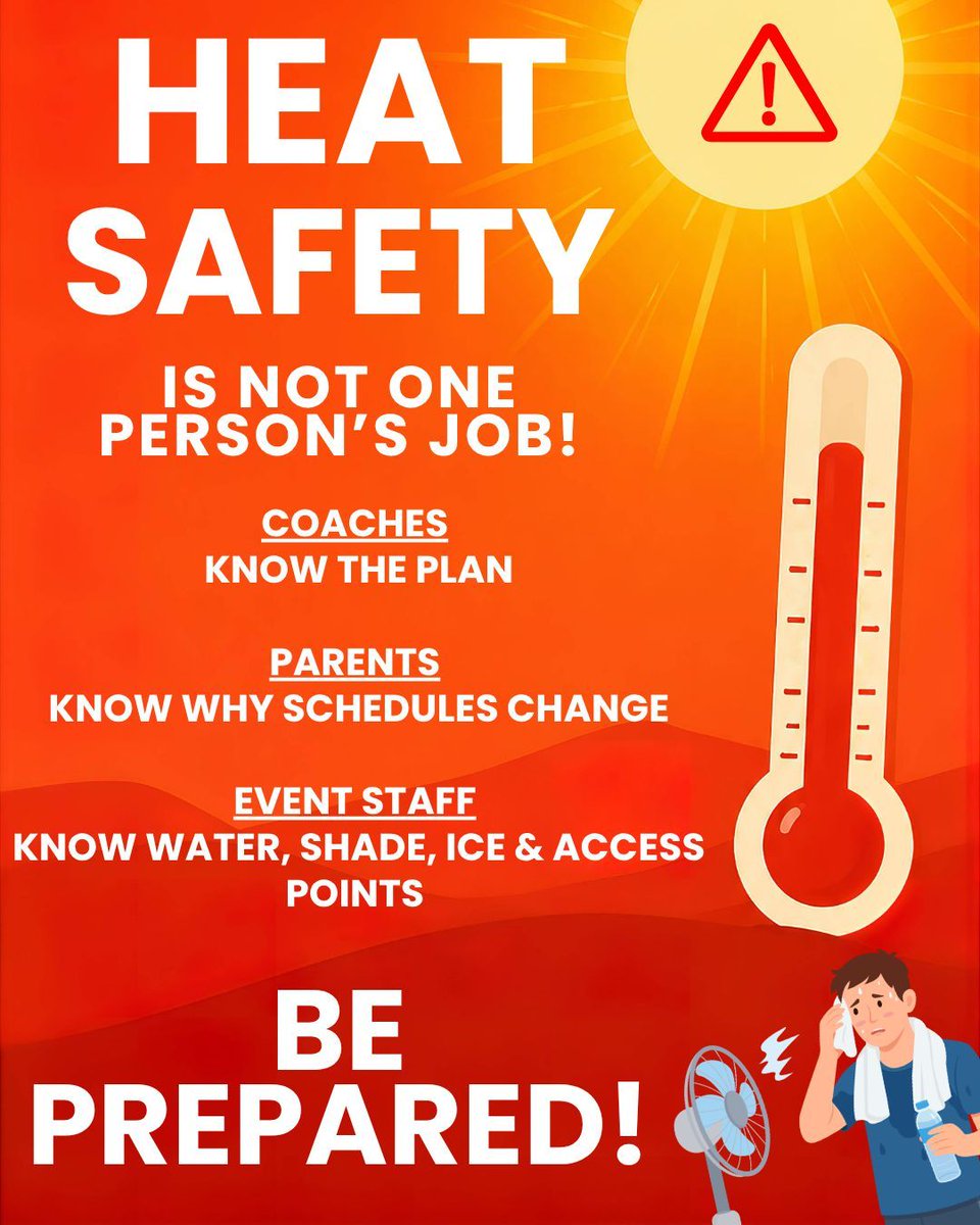 MikeHartPlayOn's tweet photo. If your heat plan is “ask the  trainer,” you do not have a plan. Show some appreciation to your ATCs, but build a system around them. Coaches, athletes, parents, admin, and event staff should all know the plan before the first weather delay. Heat safety is not 1 person’s job. https://t.co/0gSVBBCHNS
