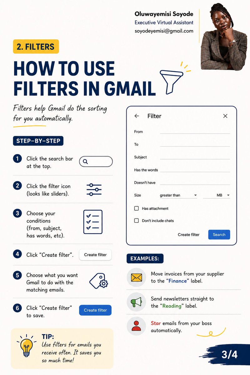soyodeyemisi's tweet photo. Three Gmail features every Executive Assistant should know:

#ExecutiveAssistant #VirtualAssistant #GmailTips #Productivity #GoogleWorkspace #RemoteWork #EmailManagement #WorkSmarter https://t.co/60uvFO1Wk7