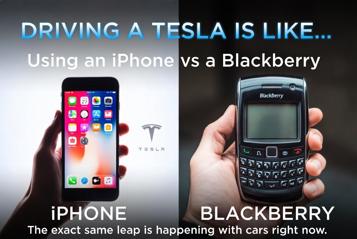 kWhLab's tweet photo. Driving a Tesla is like using an iPhone 📱

Driving a gas car is like using a Blackberry 📟

The difference isn’t subtle once you’ve felt both.

Silent cabin instead of constant drone.

One screen instead of button overload.

Your car actually gets smarter every few months.

Gas cars still feel like they’re stuck in 2005.

Team iPhone or still Team Blackberry? 👇

Drop your experience below.