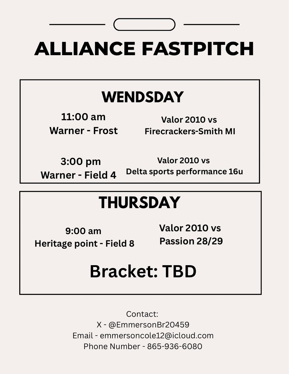 EmmersonBr20459's tweet photo. Last tournament of the season! Excited to be competing at the Alliance Fastpitch Open Nationals this weekend. Looking forward to finishing the summer strong!

Schedule below. ⬇️ https://t.co/e1ymKGbtJt
