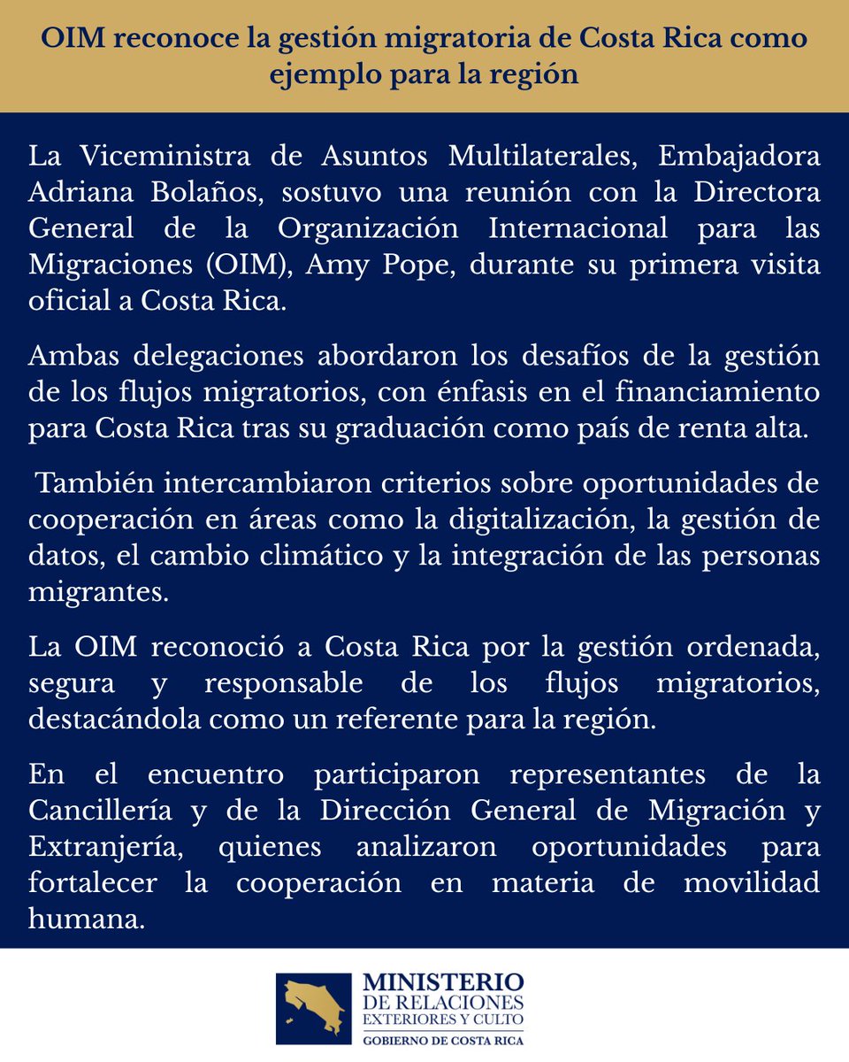 CRcancilleria's tweet photo. La Viceministra de Asuntos Multilaterales, Adriana Bolaños, recibió a Directora General de la Organización Internacional para las Migraciones (OIM), Amy Pope. 

📎Todos los detalles de la reunión aquí: https://t.co/BC4bjUFn4S https://t.co/GNW7Zevfxa