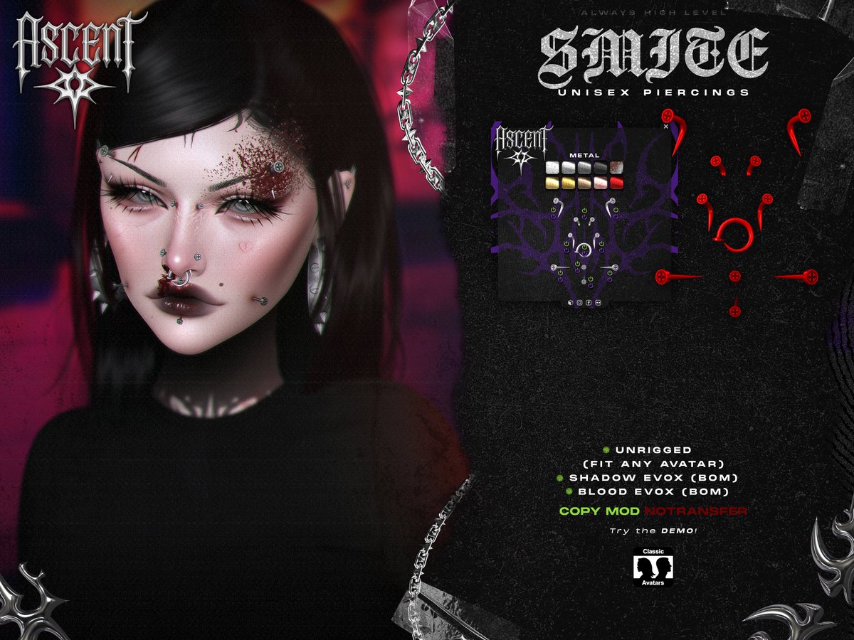 ascentstoresl's tweet photo. Good morning, asclovers 💜

New release available today at the Sabbath Event, get it now.

LM:
https://t.co/yRWa6dfXsh

ASCENT group members get special deals!

#secondlife #ascent #piercings #sabbathevent https://t.co/izXYVc8c9M