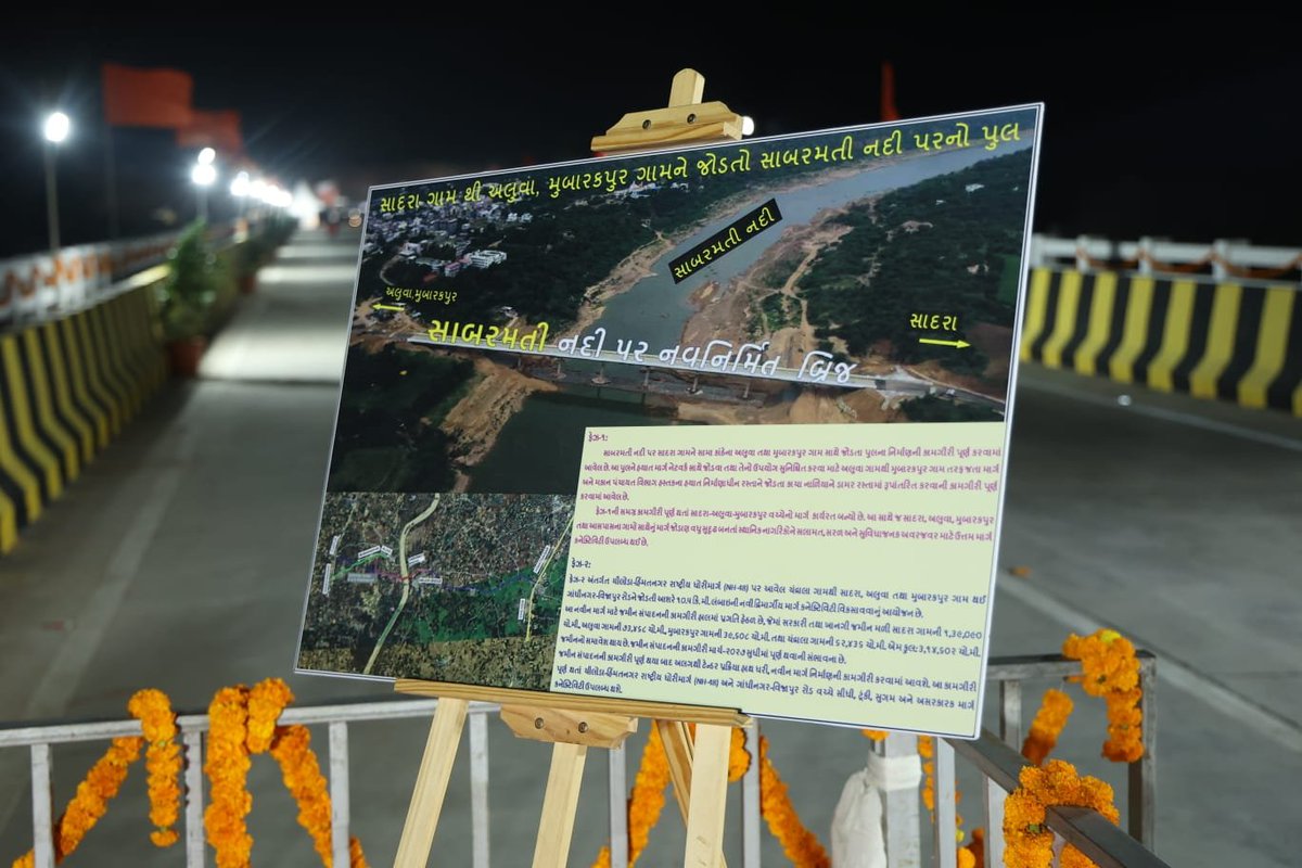 Bhupendrapbjp's tweet photo. માનનીય કેન્દ્રીય ગૃહ અને સહકારિતા મંત્રી શ્રી અમિતભાઈ શાહએ આજે જેનું ઇ-લોકાર્પણ કર્યું, તેવા ગાંધીનગર જિલ્લાના વિકાસની ધરી બનનાર અલુવા-સાદરા મેજર બ્રિજની મુલાકાત લીધી. 

સાબરમતી નદી પર આશરે ₹89 કરોડના ખર્ચે તૈયાર થયેલો આ 400 મીટર લાંબો હાઈ લેવલ બ્રિજ પેથાપુર-મહુડી રોડથી ચીલોડા-હિંમતનગર નેશનલ હાઈવેને જોડે છે, જેનાથી ગાંધીનગર અને માણસાથી પ્રાંતિજ તરફ જતાં 20 કિમીનું અંતર ઘટશે અને ટ્રાફિકનું ભારણ હળવું થશે. 

વિજાપુર, માણસા, અલુવા, સાદરા અને પિંઢારડા સહિતના ગ્રામ્ય વિસ્તારોની 1 લાખથી વધુ વસ્તીને આ બ્રિજ સુદૃઢ કનેક્ટિવિટીનો લાભ આપશે. 

આ પ્રોજેક્ટથી સાદરા ખાતેની શૈક્ષણિક સંસ્થાઓના વિદ્યાર્થીઓ અને પ્રસિદ્ધ જક્ષણી માતાના મંદિરે આવતા શ્રદ્ધાળુઓ માટે અવરજવર સુગમ બનશે, તેમજ સ્થાનિક ખેડૂતો તેમના કૃષિ ઉત્પાદનો ઝડપથી અમદાવાદ-ગાંધીનગર માર્કેટ પહોંચાડી શકશે, જેથી સમગ્ર ગ્રામ્ય અર્થતંત્રને નવી ગતિ મળશે. 

@AmitShah