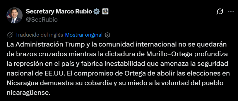 monicagarzag's tweet photo. "La Administración Trump no se quedará de brazos cruzados mientras la dictadura de Murillo-Ortega profundiza la represión en el país". 
Así reaccionó Marco Rubio, secretario de Estado de EUA a los dichos de Daniel Ortega sobre no volver a celebrar elecciones en Nicaragua. https://t.co/zfdPeohqjU