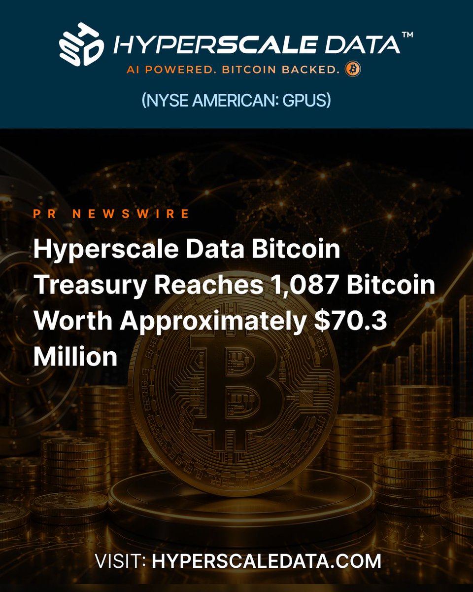 ToddAultIII's tweet photo. Hyperscale Data Bitcoin Treasury Reaches 1,087 Bitcoin Worth Approximately $70.3 Million

Hyperscale Data ($GPUS) trades on NYSE American. 🚀 
Read more here: https://t.co/PMEwbPpGxB $GPUS🔗 

Disclaimer: Not an offer to buy or sell securities. https://t.co/ER3VvUnPSU
