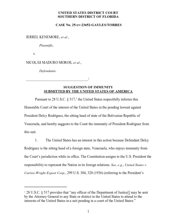 APjoshgoodman's tweet photo. Trump administration intervenes in lawsuit to shield acting President @delcyrodriguezv from having to pay $314 million judgement awarded to three Americans imprisoned in Venezuela.

In filing, DoJ argues Rodriguez enjoys head of state immunity.

Context:  https://t.co/pd3vYTIkC9 https://t.co/1p7ZRysXij