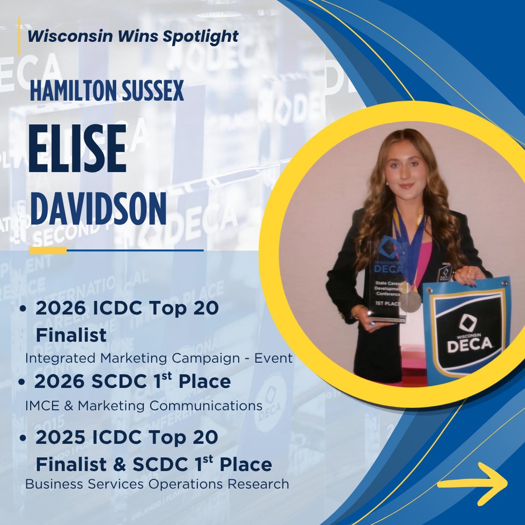 WI_DECA's tweet photo. Congratulations to Elise Davidson from Hamilton for all of your amazing achievements! 🔷

#wideca #wisconsinwins
@DECAInc https://t.co/2heAIAAM10