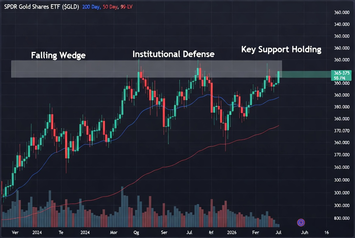 EsmailMobarak's tweet photo. Gold $GLD showing relative strength no lower low, holding falling wedge cleanly. Institutions defending rather than allowing obvious dips. Constructive setup. Geopolitics + central bank buying supportive. Easy ways to participate:• $GLD (physical gold) • $GDX / $GDXJ (miners) • $NEM / $GOLD (producers) Chart looks ready for upside from current levels. Risk-managed entries only. Not financial advice DYOR.