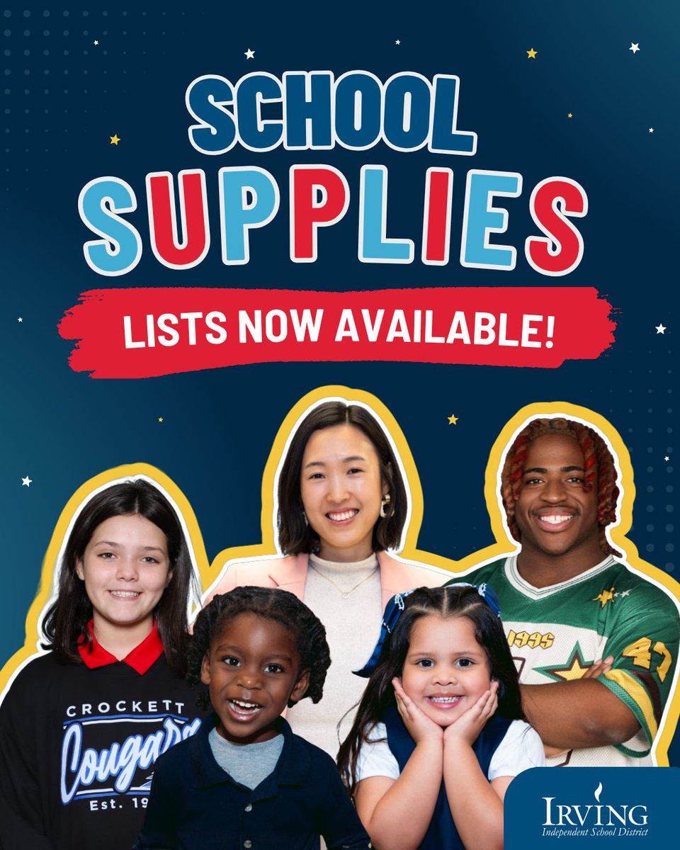 IrvingISD's tweet photo. ✏️ Back-to-school shopping starts here! School supply lists for the 2026-2027 school year are now available. Find your child's campus and grade-level list before you head to the store. Please note that high school students will receive supply lists from their teachers at the beginning of the school year.

View all school supply lists: https://t.co/s1WIBjkPVh

#IISDBacktoSchool #ExcellenceInAction