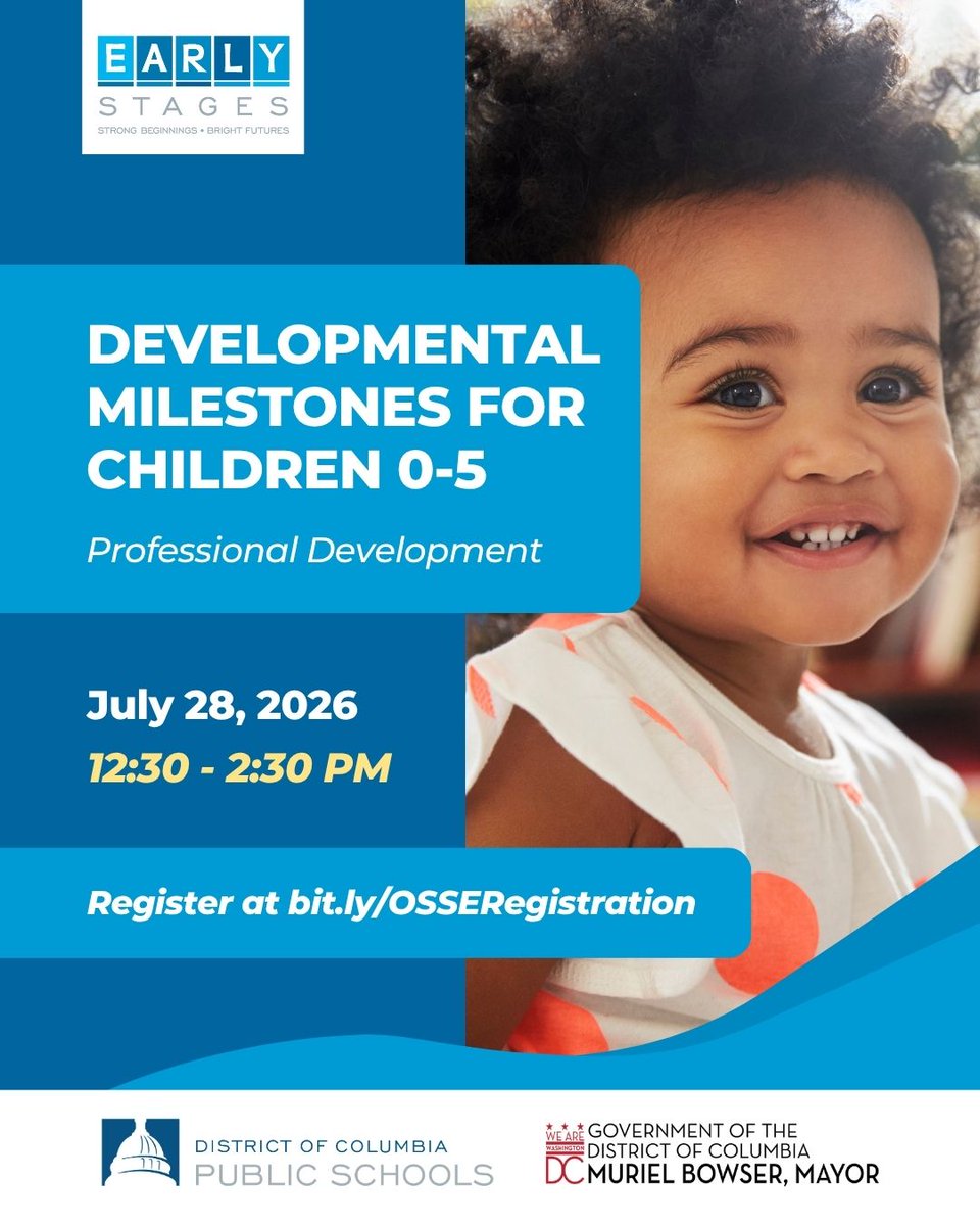 EarlyStagesDC's tweet photo. Join Early Stages and OSSE for our next workshop for child care professionals: Developmental Milestones for Children 0-5 on July 28 at 12:30 PM. 

Register at https://t.co/zIWPToiIWk. #ChildDevelopment #DCPS #SpecialEducation #EarlyStagesDC https://t.co/yTVk7GgJy7
