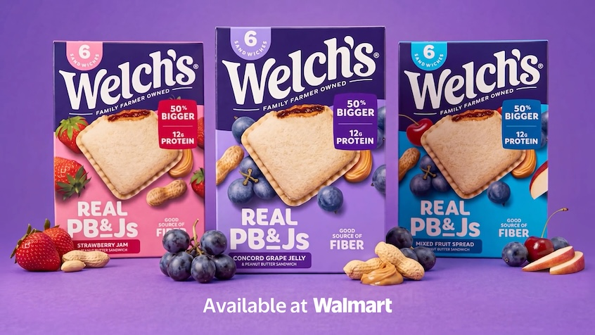 weekley's tweet photo. Welch’s just introduced Real PB&Js, a new sandwich line aimed to take on Uncrustables. They feature fresh-baked bread, creamy peanut butter, and Welch’s fruit spreads. Flavors include Concord Grape Jelly, Strawberry Jam, and a Mixed Fruit spread. #INorOUT on #HOTLINE at 5:25. https://t.co/t7OwPM598D