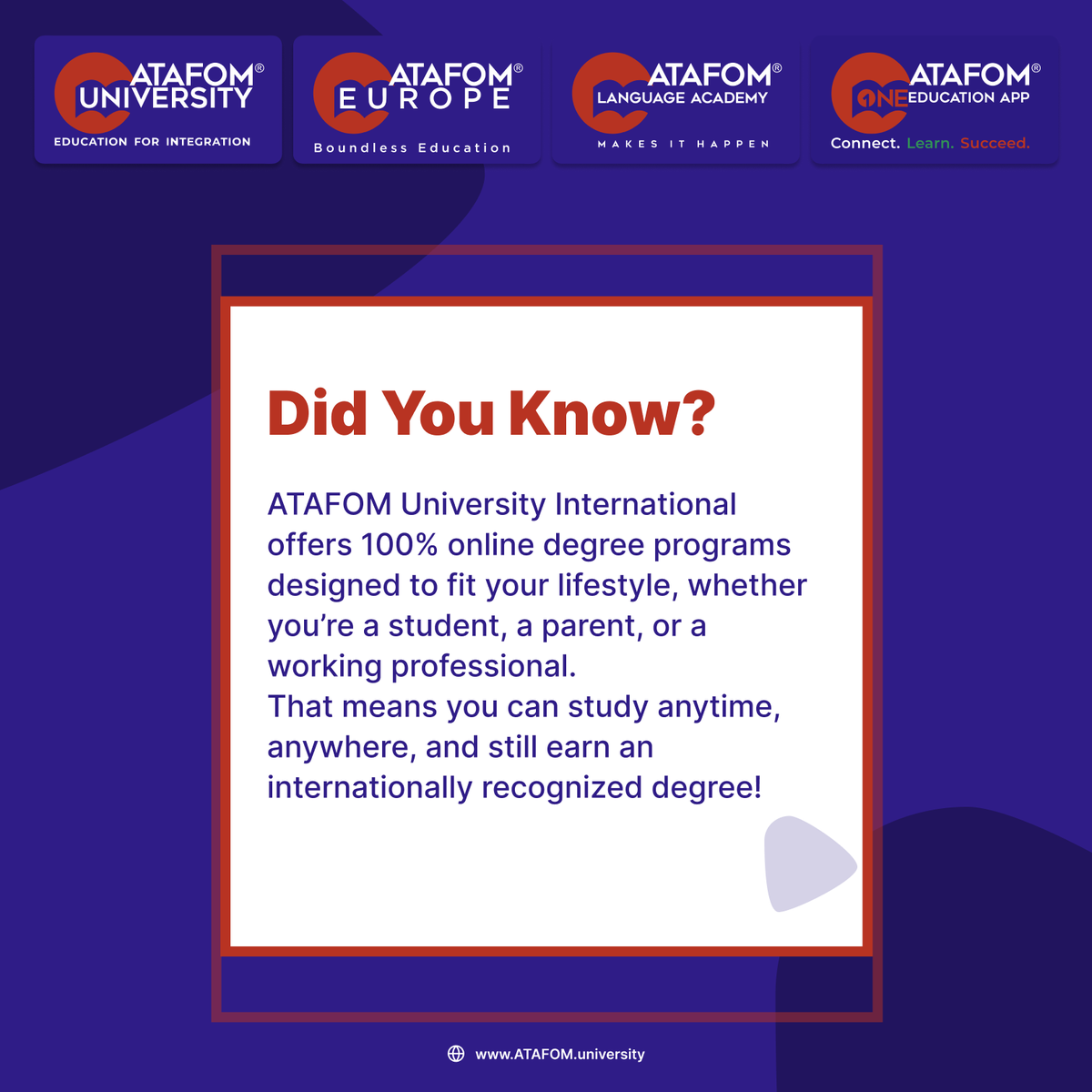 ATAFOMUni's tweet photo. Did You Know?
ATAFOM University International offers 100% online degree programmes, giving you the freedom to study anytime, anywhere—without putting your life on hold.
#ATAFOM #OnlineLearning #HigherEducation #StudyAnywhere https://t.co/LRZ0HVEvHF