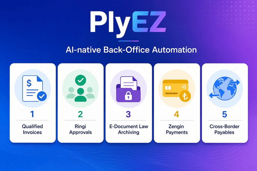 infoinletcom's tweet photo. Myth: Japan's invoicing and global payments need separate tools. Fact: PlyEZ runs both on one ledger. Qualified invoices, e-archiving, ringi, Zengin, plus cross-border payables (W-8, 1099, VAT, SWIFT, ACH). #BackOffice #PlyEZ https://t.co/3BUAwZnXnt