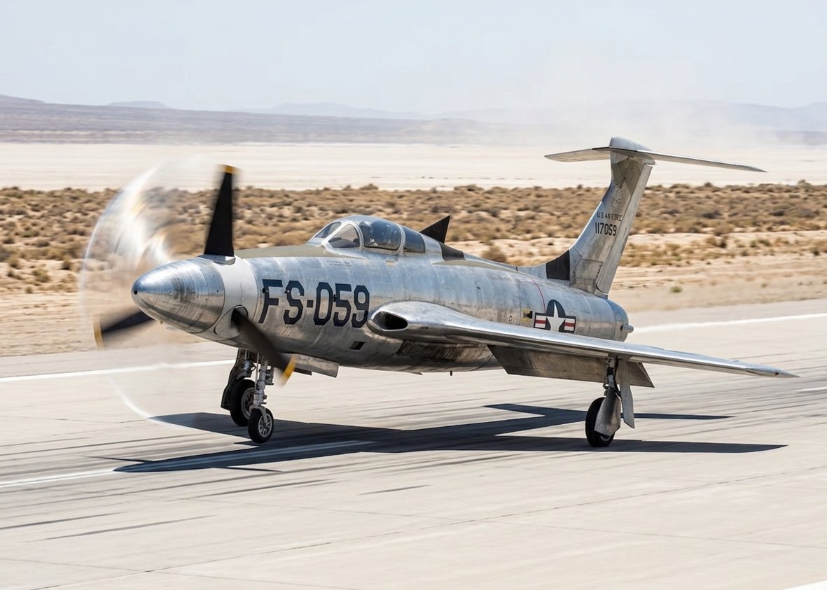 JanMace1970's tweet photo. 22. července 1955 poprvé vzlétl Republic XF-84H Thunderscreech. Experimentální stroj vycházel z F-84F, ale poháněl jej turbovrtulový Allison XT40. Byl extrémně hlučný, trpěl vibracemi i poruchami – z 12 letů skončilo 11 nouzově. #XF84H #Thunderscreech #aviationhistory #USAF https://t.co/JS543FYcPO