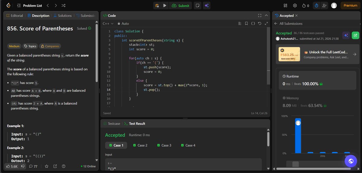 AshutoshP2128's tweet photo. 💻 Day-250/365 series of Consistent-Coding-Daily-DSA! 💻

✅ Score of Parentheses (Leet Code - 856) [T/C-O(n), S/C-O(n)]

💾 Code Repository: https://t.co/pcWGhP0330

#365DaysOfDSA #DSA #LeetCode #GeeksforGeeks #CodingChallenge #ProblemSolving #Consistency #CodeEveryday https://t.co/sPFNP5I7hs