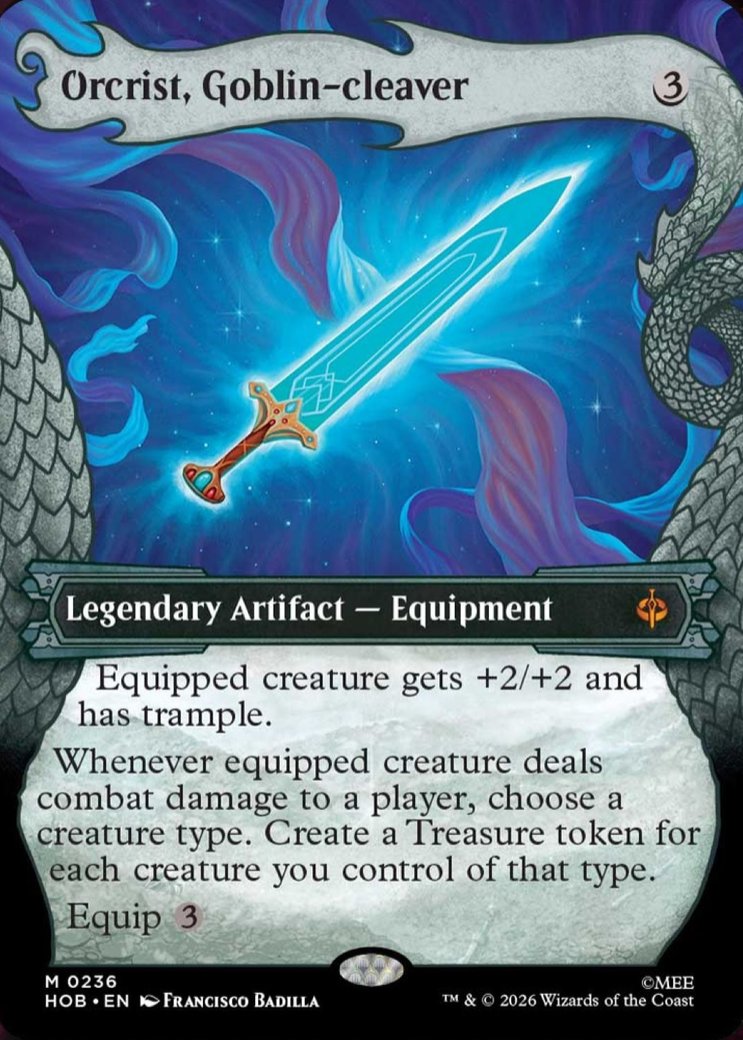DimirUB's tweet photo. 【MTG x THE HOBBIT】
装備しているクリ一チャ一は+2/+2修正とトランプルを持つ。

装備しているクリ一チャ一がプレイヤーに戦闘ダメージを与えるたび、クリ一チャ一タイプ1つを選ぶ。あなたがコン卜ロ一ルするそのタイプのクリ一チャ一1体につき、宝物トークンを1個生成する。

装備 (3) 
ーー
Polygonより