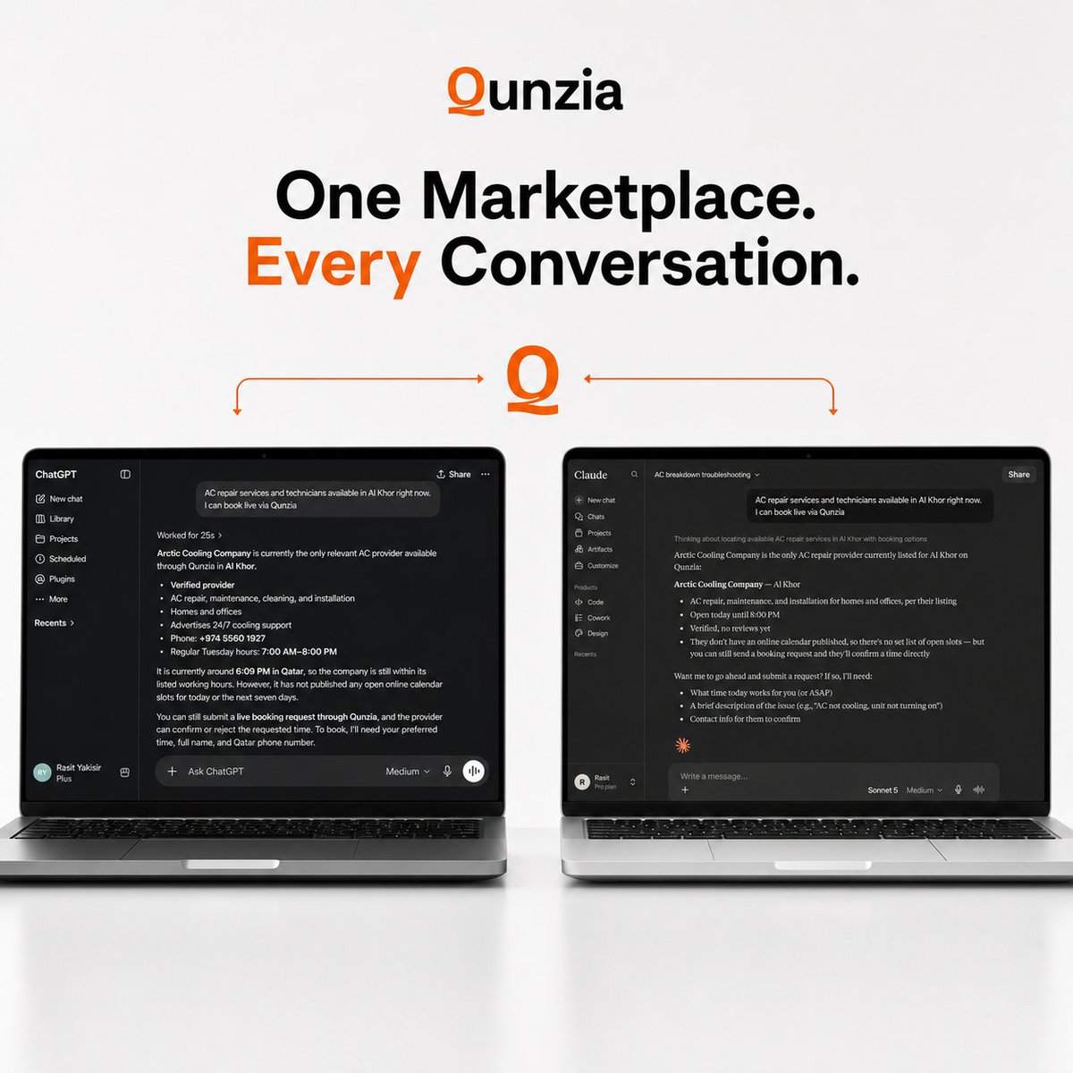 rasityakisir's tweet photo. One marketplace. Every conversation. 🚀

Qunzia brings verified local providers directly into ChatGPT and Claude — so users can discover services and book without leaving the conversation.

The future of local commerce is conversational. 🌍
#Marketplace #FutureOfCommerce #Qatar https://t.co/9eFXTNNdMj