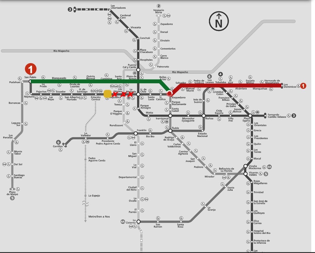 metrodesantiago's tweet photo. 12:10 hrs. [Alternativa de viaje] Si viajas desde San Pablo #L1 hacia Los Dominicos, combina con #L5 hasta Baquedano y, desde allí, vuelve a combinar con #L1 para continuar hacia tu estación de destino. https://t.co/Rb2yXeD8QP