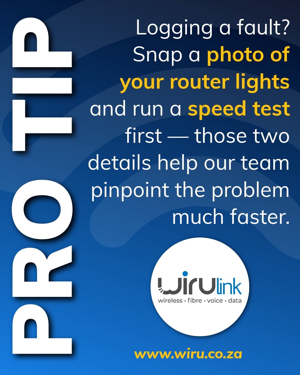 WIRUlink's tweet photo. Two things that cut your support wait time significantly: a photo of your router lights and a speed test result. Have both ready before you log a fault. #WIRUlink https://t.co/4GffcNO1HO https://t.co/YhDX68jJrY