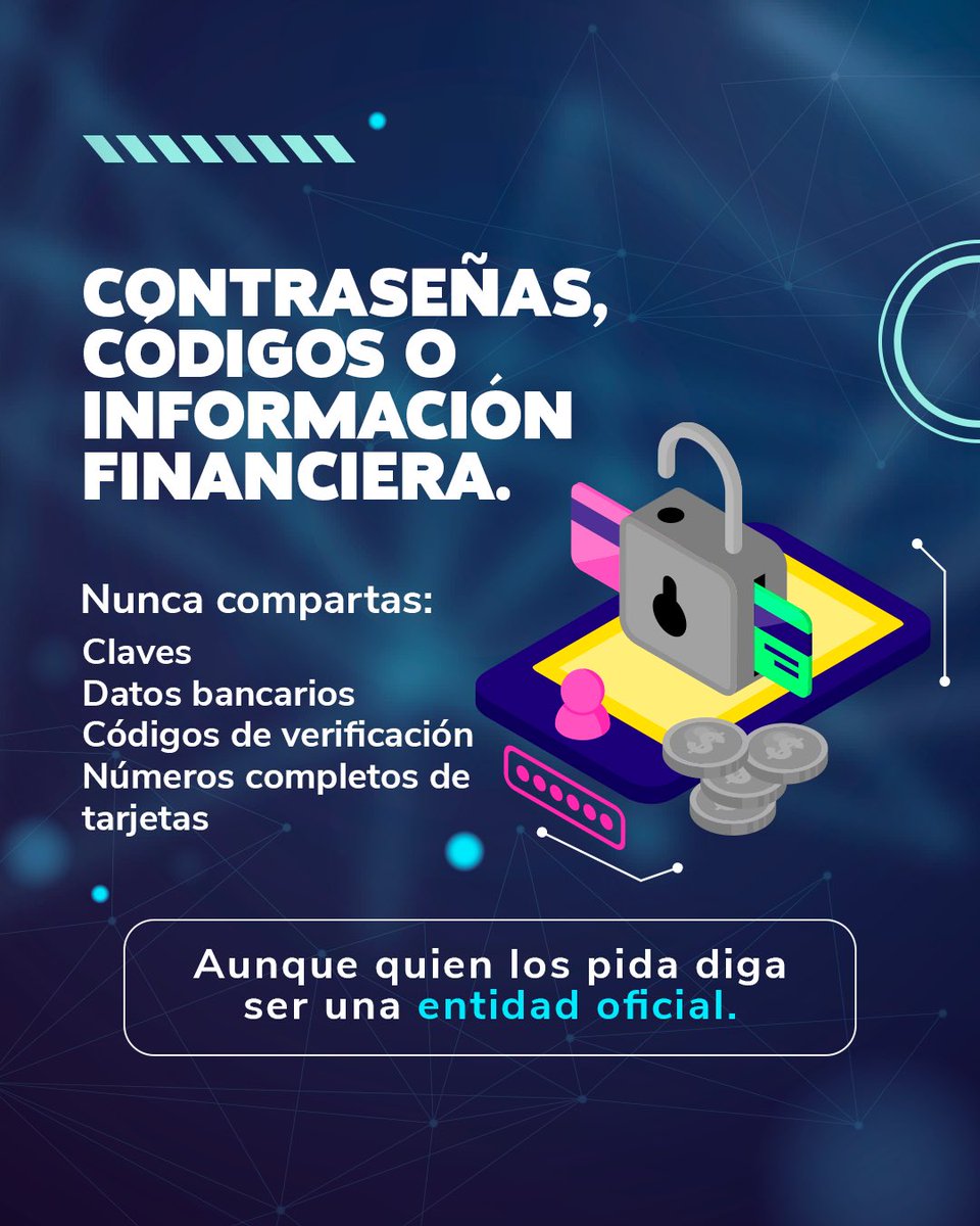 ConTICSeguro's tweet photo. Un solo dato puede ser suficiente para facilitar fraudes, suplantación de identidad o poner en riesgo tu privacidad.

🔒 Antes de publicar, pregúntate: ¿Esta información podría ser usada en mi contra o en la de alguien que quiero?

#CiberPaz #SeguridadDigital #ProtegeTusDatos https://t.co/SdU4Zmqz11
