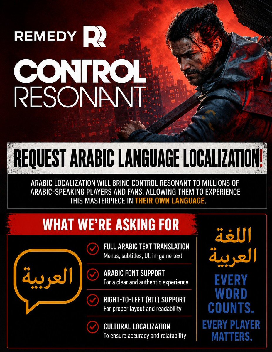 Suplex_WorkShop's tweet photo. @ControlRemedy @MikaelKasurinen #توطين_اللغة_العربية #اللغة_العربية #تعريب_الألعاب #ArabicLocalization #ArabicLanguage #ControlResonan @MikaelKasurinen
@RiotRMD @SamLakeRMD @remedygames 
☑️ Arabic Language Localization ❓ https://t.co/aqykHlwmbr