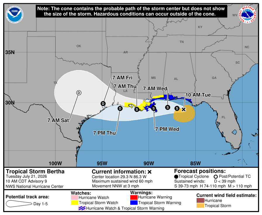 FaytuksWeather's tweet photo. Tropical Storm Bertha is continuing on her path towards Louisiana, with tropical storm warnings being issued for the Florida Panhandle, all the way to New Orleans, where she is expected to make landfall tomorrow night. Storm surge could be 2-4ft ranging from the mouth of the Mississippi River to the Mississippi/Alabama Border.