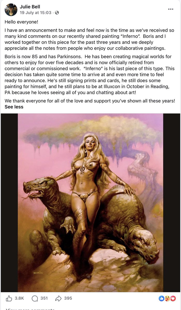 YoDanno's tweet photo. Sad news indeed from Julie Bell about Boris Vallejo. At 85 and diagnosed with Parkinson’s, he has officially retired from painting.

Thought I’d add one of my favorites of his here, 1976’s “Assassin of Gor”.

Feel free to share some of your favorites here too. https://t.co/wENLwIufcA