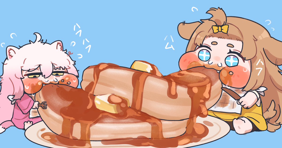 hashitantou's tweet photo. 幼いコミーと幼いバターが一緒にホットケーキを食べている絵をお願いします！可能なら、口の周りにメープルシロップをベタベタに付けてしまい、それ��ディアナに拭かれる2人が見たいです。
#odaibako_hashitantou https://t.co/gwZ48RK7Qs 
リクエストありがとうございます！🥞🥞🥞 https://t.co/Speyg0J0A9