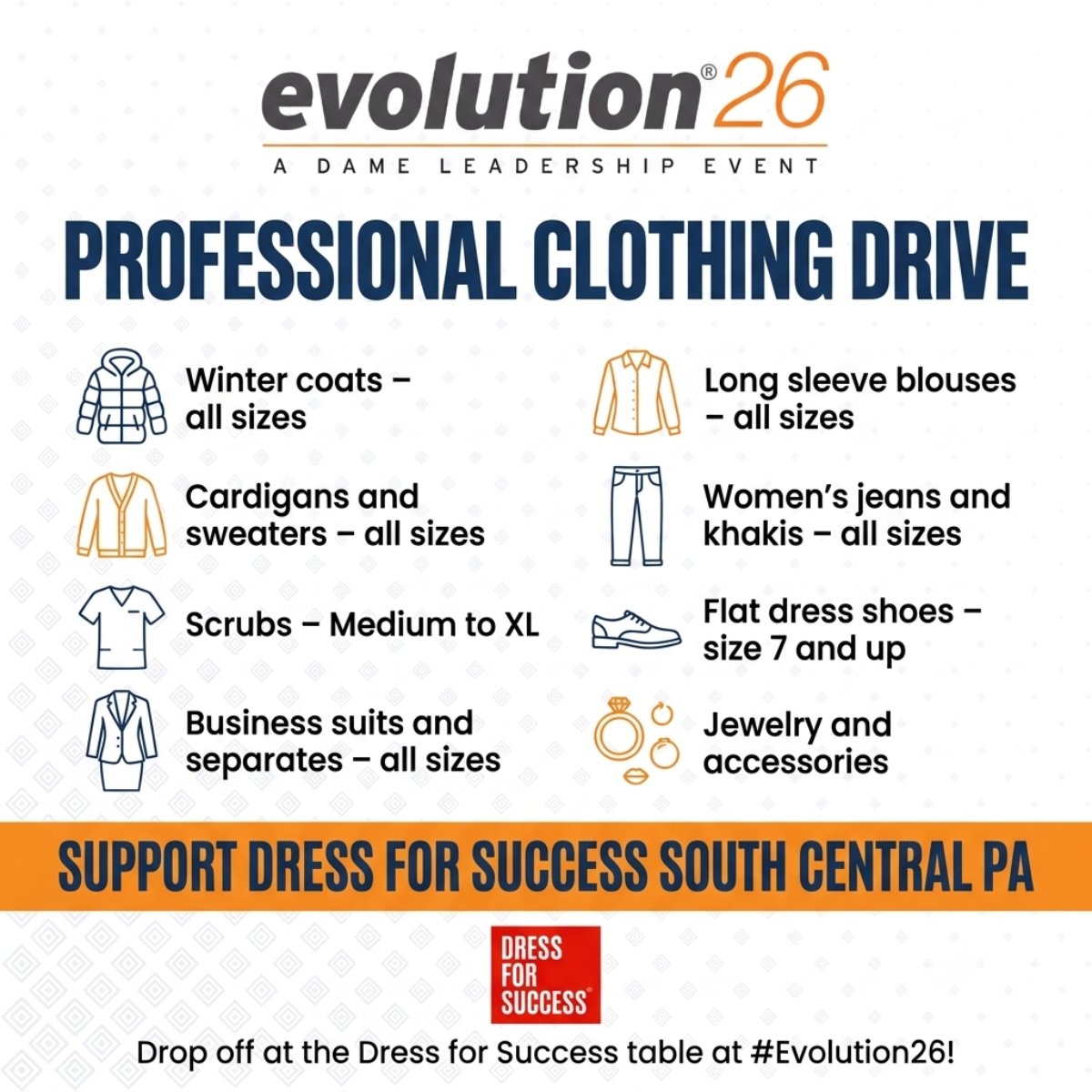 DameLeadership's tweet photo. We’re proud to announce @DFSSouthCentral as our #Evolution26 Charity Partner!
Join us Sept 29 at the Penn Harris Hotel for our Clothing Donation Drive to help empower local women achieving economic independence.
Can't bring clothes? Text DFSPA to 41444 to donate! https://t.co/DJtXTs7W7B