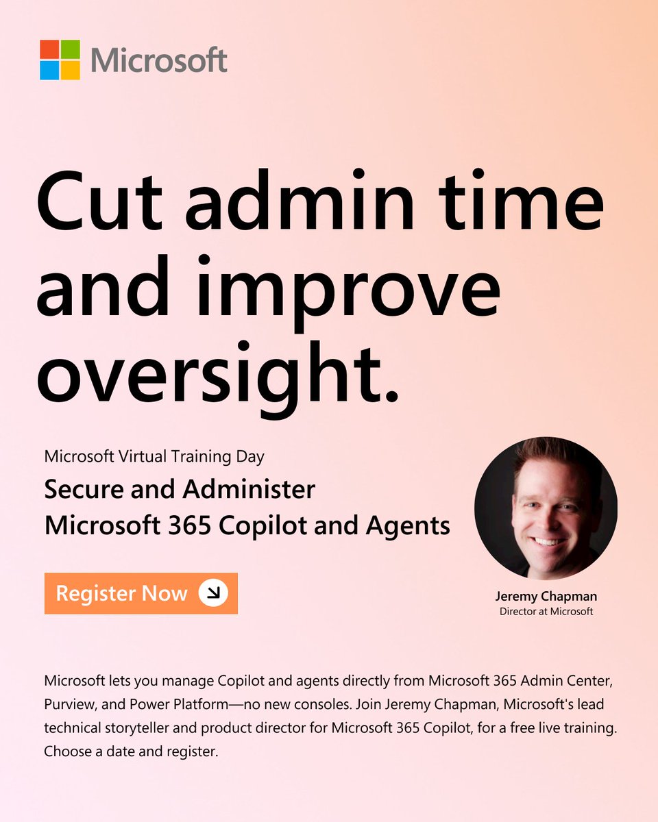 MSFTMechanics's tweet photo. Manage Copilot and agents directly from the Microsoft 365 Admin Center, Purview, and Power Platform—no new consoles needed. 

See how in a free live training hosted by Jeremy Chapman, Microsoft’s lead technical storyteller and product director for Microsoft 365 Copilot. 

Choose a Date and Register Now: https://t.co/qTMrNUgfAv
