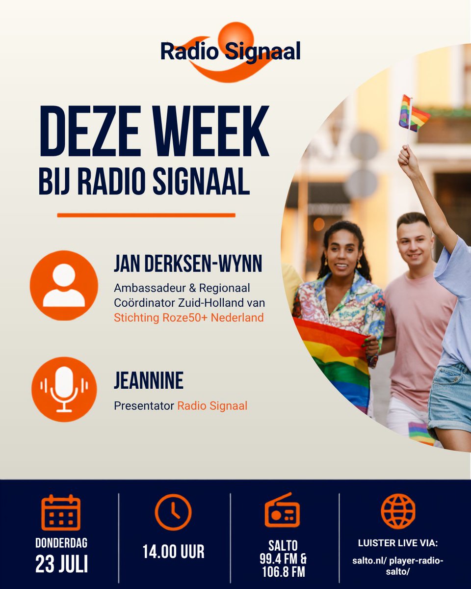 radiosignaal1's tweet photo. World Pride A'dam in de stad en Jan Derksen - Wyn, Ambass &amp; Regio Coör Z-Holland v StRoze50+ over de Stichting en over de Roze Loper, de aan zorginstellingen toebedeelde  kwalificatie van roze positiviteit. (herh 31 juli 2025)
https://t.co/65EXbpLPix https://t.co/Nbpu2ZDHVE
