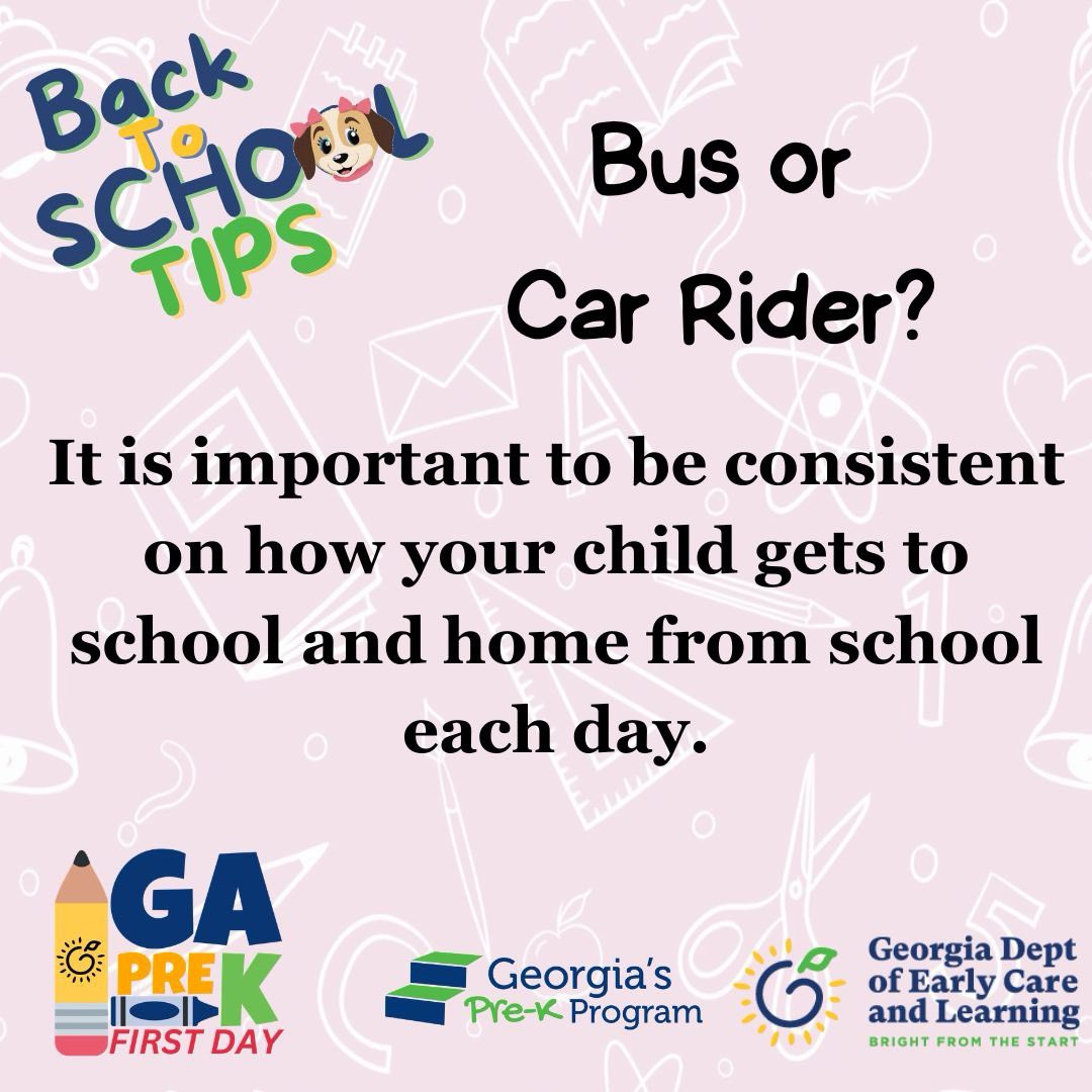 CommJacobs's tweet photo. Here is a tip for a great #GaPreKFirstDay. Follow along with @GADeptEarlyCare social media as we give tips for a GREAT #GaPreKFirstDay. #prek #parents #teachers #prekteacher #earlyeducation #Georgia #educate #schooldays #firstdayofschool https://t.co/JSlvNDFv0P