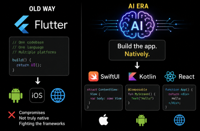 projectnull0's tweet photo. IMHO, the future of tools like Flutter is pretty much sealed.

Their biggest advantage was always maintainability: one language, one codebase, multiple platforms.

But in the age of AI? You're already writing in one language.. your native language. So why the hell do you need Flutter or anything similar?

AI can just build the app natively in SwiftUI and Kotlin, plus a TypeScript/React version for the web.