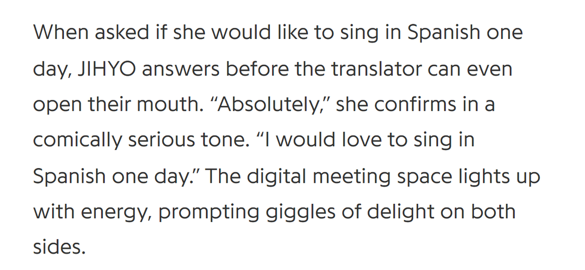godmitzu's tweet photo. When asked if she would like to sing in Spanish one day, JIHYO answers before the translator can even open their mouth:

"Absolutely, I would love to sing in Spanish one day." https://t.co/XuEYo1Nz0r
