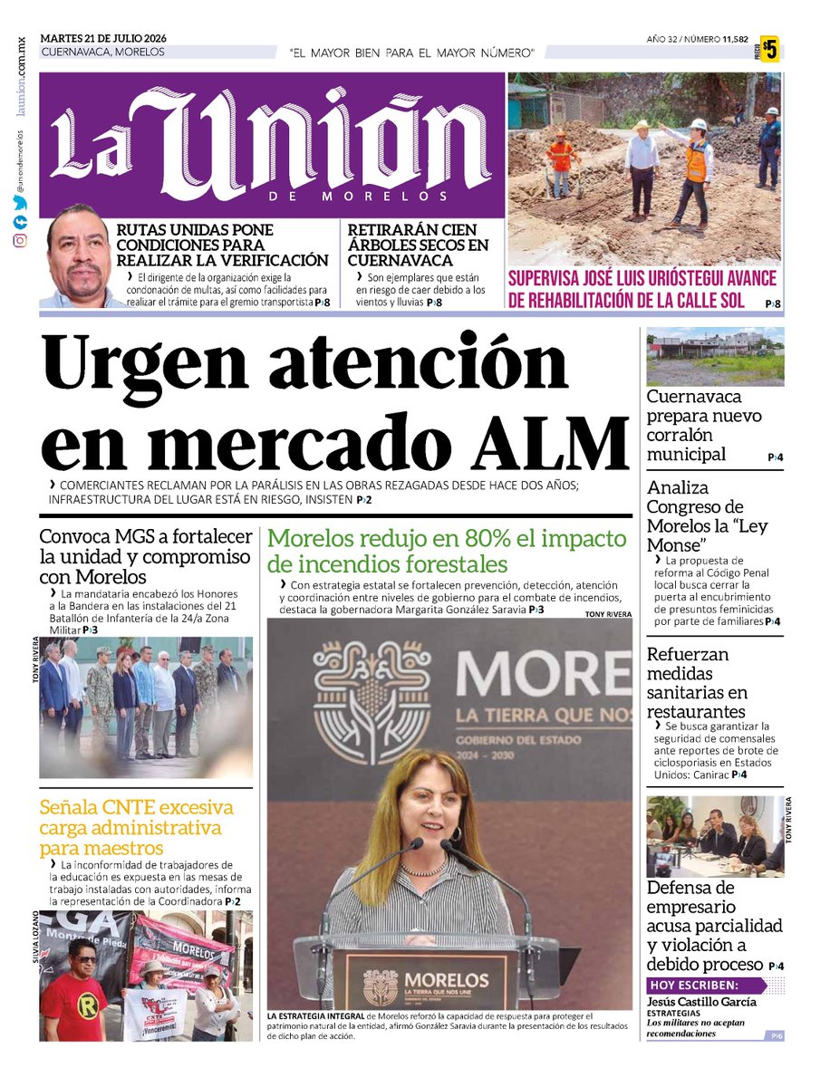 UniondeMorelos's tweet photo. 🗣️ Martes con las noticias más importantes de Morelos.
🏪 Comerciantes del mercado ALM urgen atención; obras llevan dos años rezagadas.
🌲 Morelos redujo en 80% el impacto de incendios forestales: gobernadora MGS.
⚖️ Congreso analiza la "Ley Monse" contra el encubrimiento de https://t.co/3PfZ8RZ3Qn