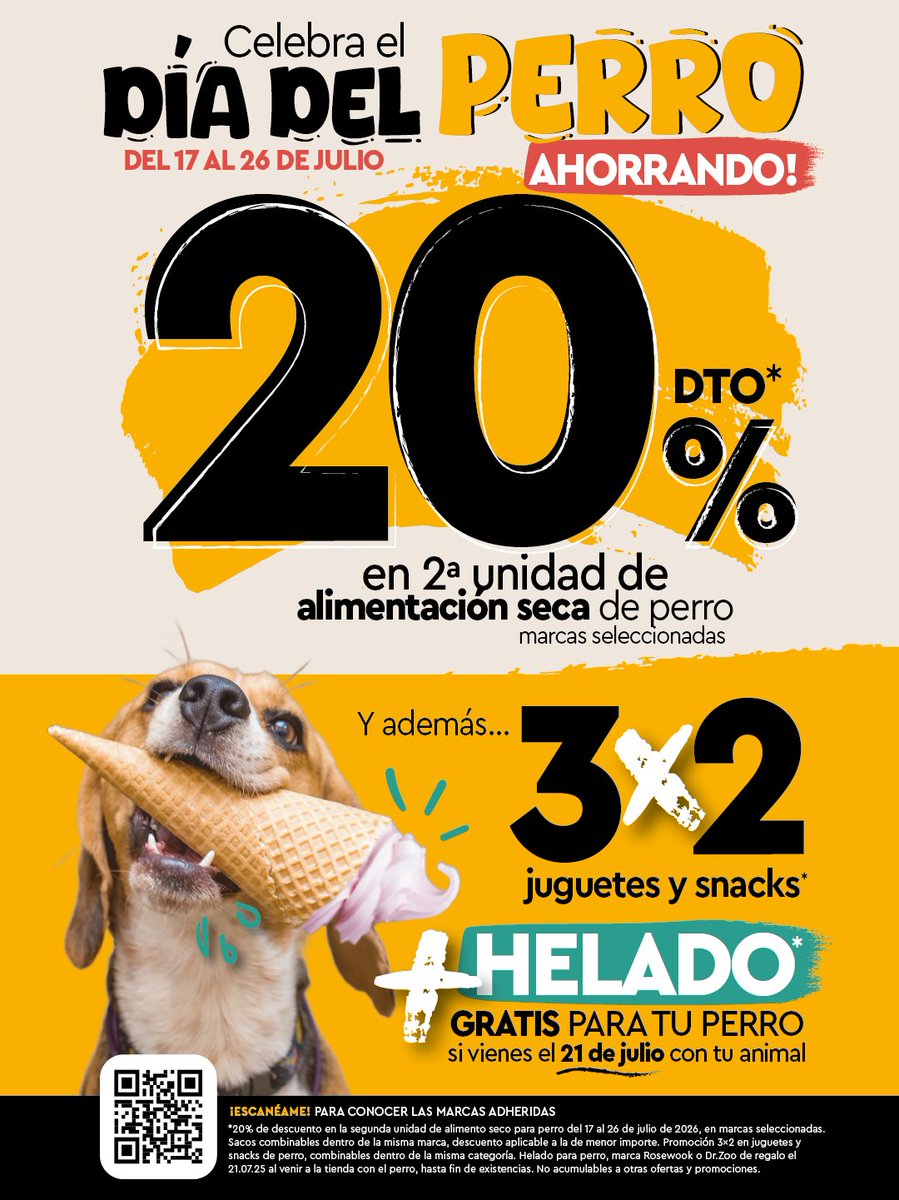 FerialPlaza's tweet photo. 🐶💛 ¡𝙀𝙡 𝘿𝙞́𝙖 𝙙𝙚𝙡 𝙋𝙚𝙧𝙧𝙤 𝙨𝙚 𝙘𝙚𝙡𝙚𝙗𝙧𝙖 𝙖 𝙡𝙤 𝙜𝙧𝙖𝙣𝙙𝙚 𝙚𝙣 𝙂𝙐𝘼𝙒!

Si tu peludo se merece un capricho, esta promoción es para él. 🐾

✨ Del 17 al 26 de julio, consigue un 20% de descuento en la 2.ª unidad de alimentación seca (marcas seleccionadas).

🎾 Además, aprovecha el 3x2 en juguetes y snacks.

🍦 Y el 21 de julio, si visitas GUAW con tu perro, ¡se llevará un helado gratis!

📍 Encuentra todas estas promociones en @guaw_es, en Ferial Plaza.

Consulta las condiciones de la promoción en tienda.

#FerialPlaza #GUAW #DiaDelPerro #Mascotas #Perros #Guadalajara #ConectadosContigo