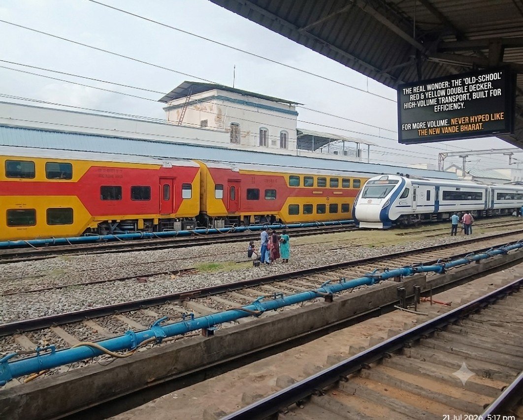 onemevinod's tweet photo. Forget the hype. Real performance and capacity come from classic designs like these double-decker trains. Built to handle heavy demand, not just look fancy.
We the Congress !! Vs failed BJP !!
#IndianRailways #DoubleDecker #Classic #Infrastructure #Vandebharat
@RahulGandhi @kcvenugopalmp @manickamtagore @GAMIR_INC @nivedithalva