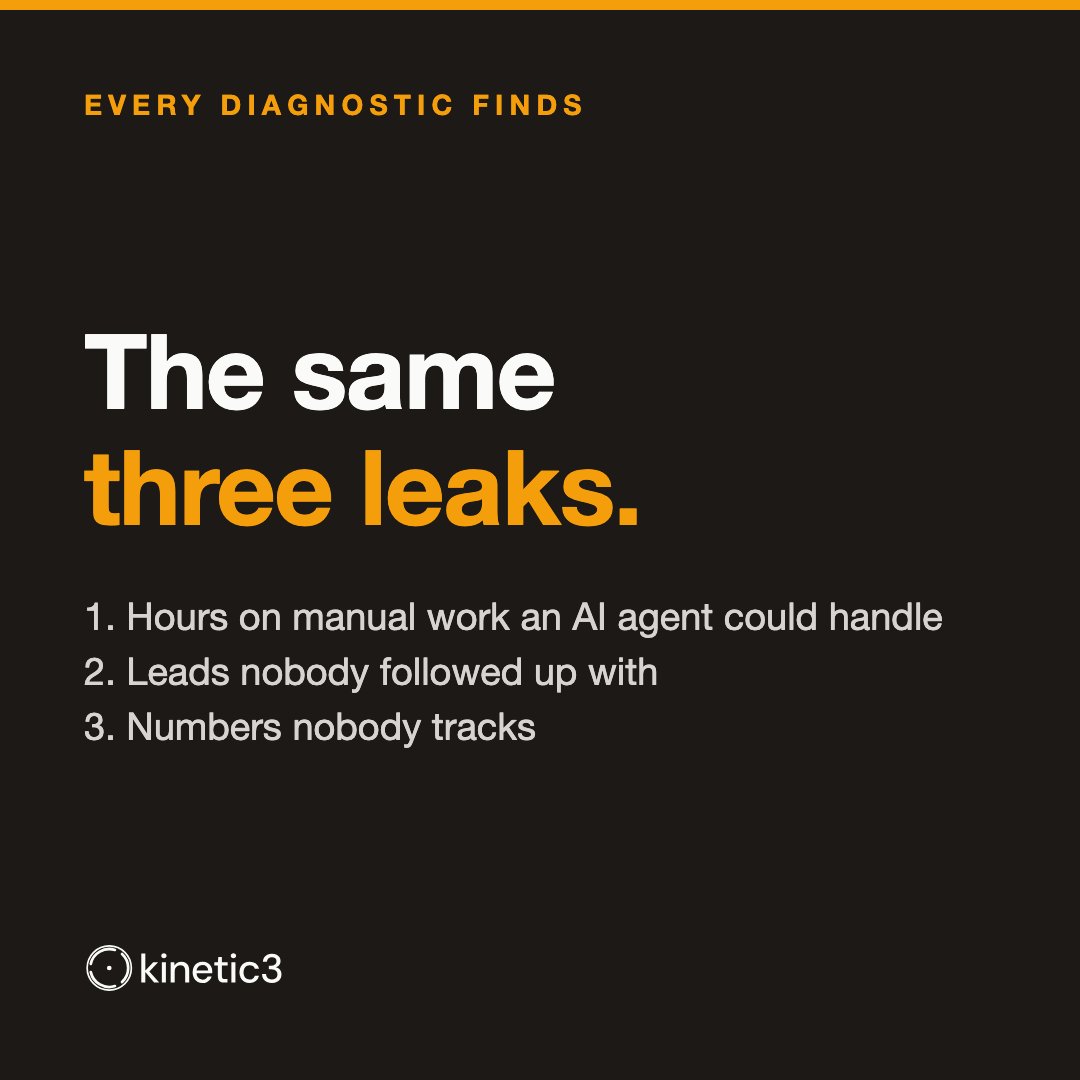 bschneider_'s tweet photo. Every AI diagnostic I've run finds the same three leaks: hours on manual work an AI agent could handle, leads nobody followed up with, and numbers nobody tracks. My free AI Blueprint checks all three against your business. Link in bio. https://t.co/88IfIwB325