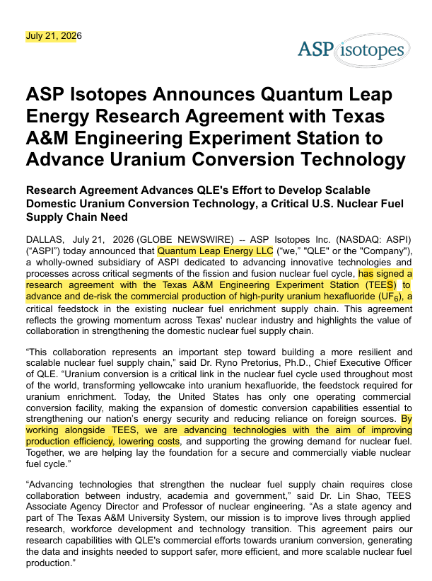 piterloskot82's tweet photo. ASP Isotopes Announces Quantum Leap Energy Research Agreement with Texas A&amp;M Engineering Experiment Station to Advance Uranium Conversion Technology $ASPI https://t.co/4HMQCOCFsu