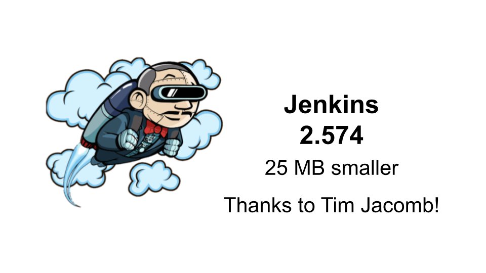 jenkinsci's tweet photo. Special thanks to Tim Jacomb for improvements to Jenkins core that have reduced the size of the Jenkins war file by 25 MB. Details are available in the Jenkins 2.574 changelog at https://t.co/k3gluXT0SJ https://t.co/S7E58CNCVi