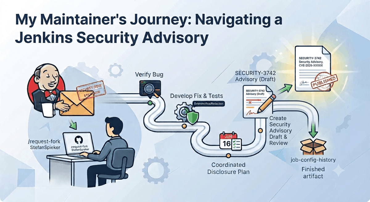 jenkinsci's tweet photo. Stefan Spieker shares his experience fixing a security vulnerability in a Jenkins plugin. Learn more in the blog post at https://t.co/hh83Qqf3ei https://t.co/roq8Bbjd1D