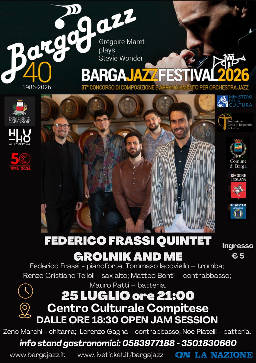bargajazz's tweet photo. 25 luglio al Centro Culturare Compitese!
Federico Frassi Quintet
https://t.co/jHgrsD8eK4 https://t.co/OfRDsoDepZ