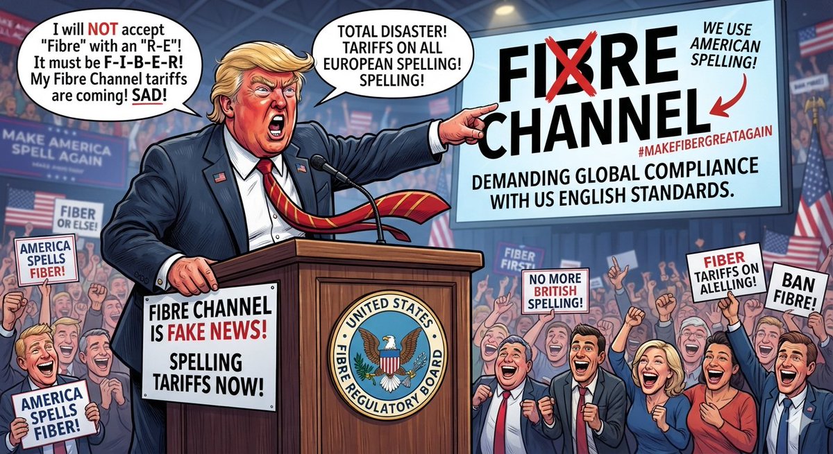 MAROCKs's tweet photo. "Fibre"表記を採用する国際標準化団体に対し、関係者によれば「アメリカ式に統一しろ」と要求する構えとの観測。専門家は「光ファイバーは中立であるべき」と困惑気味にコメント。市場関係者は「次は"colour"か"metre"が標的になるのでは」と戦々恐々。
#MakeFiberGreatAgain #FibreChannel https://t.co/rvTJ0ZM7kw