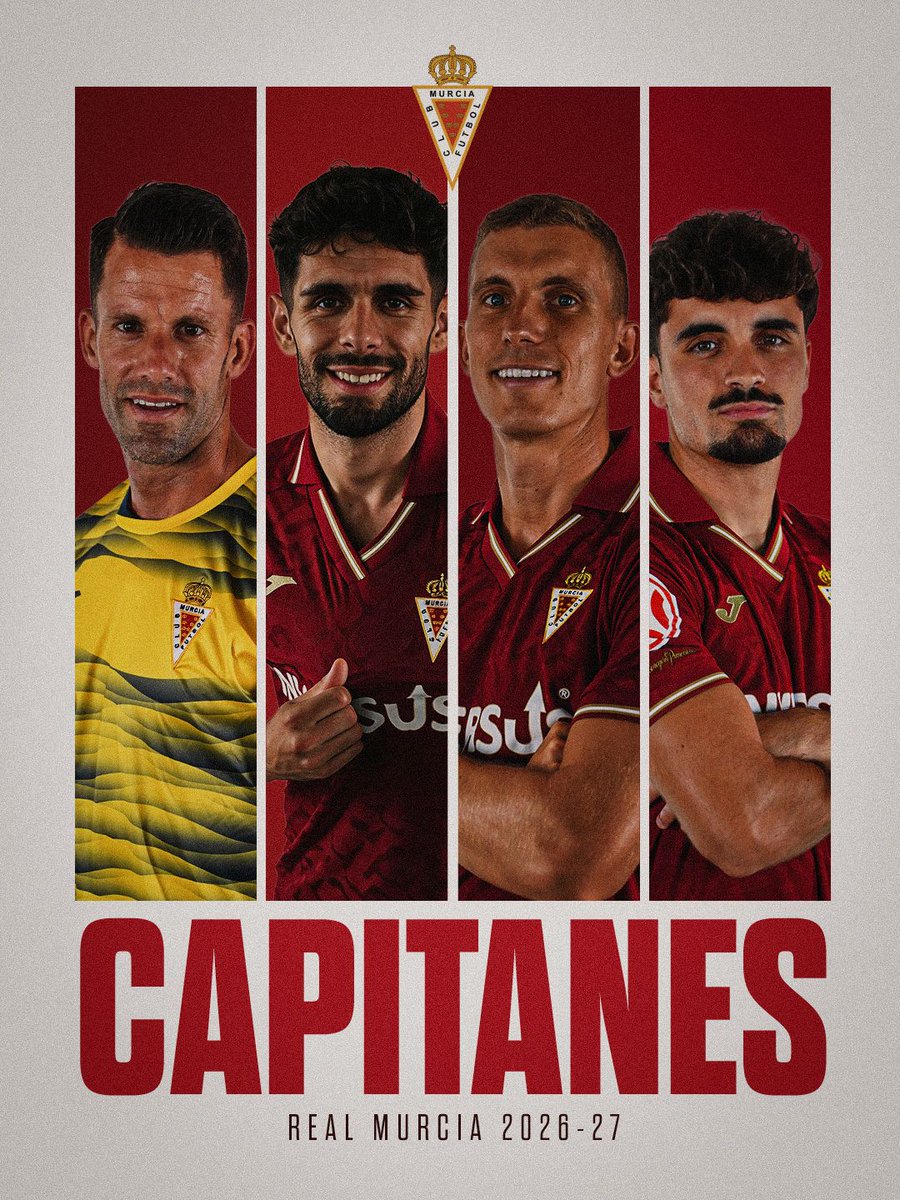 realmurciacfsad's tweet photo. 𝑪𝑨𝑷𝑰𝑻𝑨𝑵𝑬𝑺 𝟐𝟎𝟐𝟔/𝟐𝟕 

© Alberto González, Jorge Mier, Óscar Gil y Dani Jiménez serán los capitanes del Real Murcia para la temporada 2026/27. https://t.co/QzWg8WlAVr