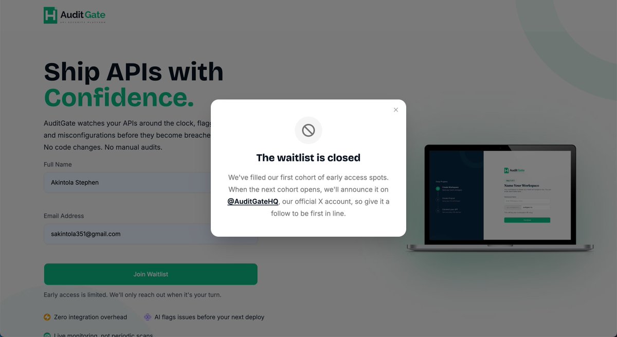 AuditGateHQ's tweet photo. The waitlist is closed.

80+ beta testers secured their spot today.

Honestly did not see this coming on day one.

To everyone who made it in, we will reach 
out when we are ready for you.

To everyone who missed it, stay close. 
We are not done yet. https://t.co/t6T3TUiy4S