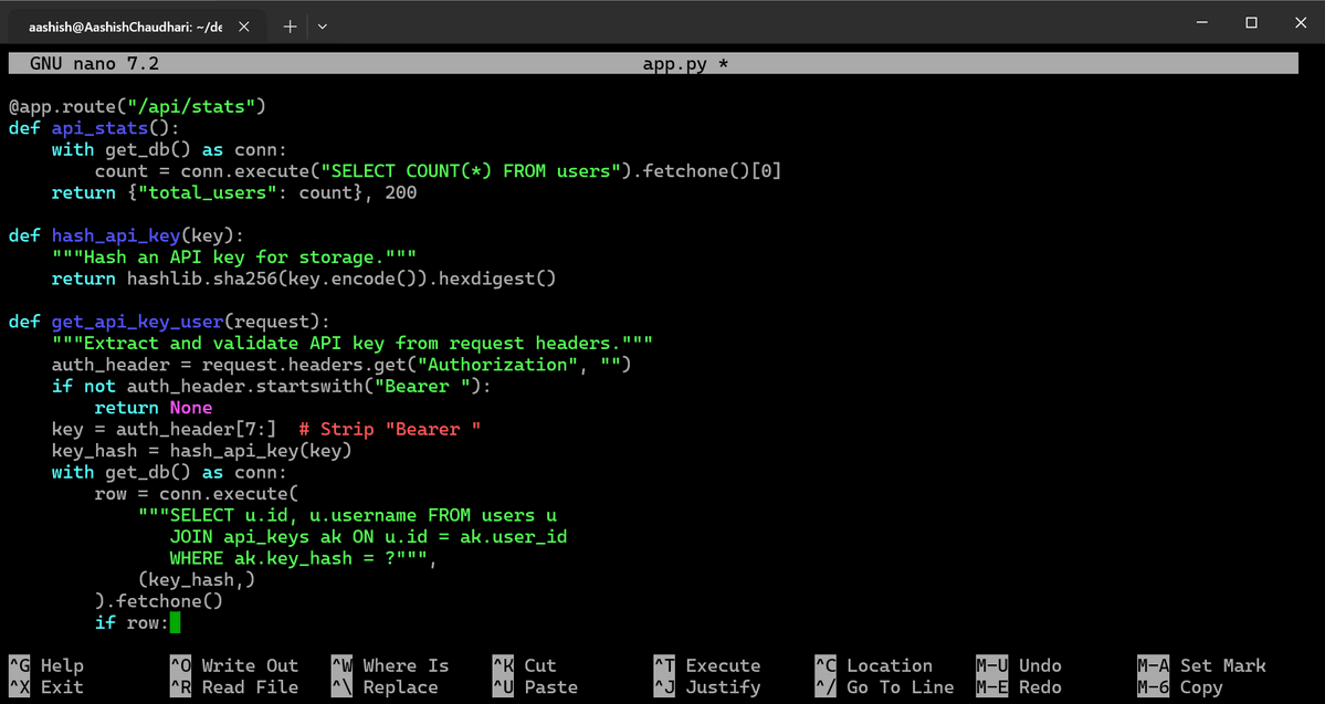 aashishhq's tweet photo. #LSPPDay51 — Added API key authentication today! Generate a key from your dashboard, use it with Authorization: Bearer header to call the API without a session. Keys are hashed before storage — never stored in plaintext 
@lftechnology #60DaysOfLearning2026 #LearningWithLeapfrog https://t.co/9AD5XQf7Yi