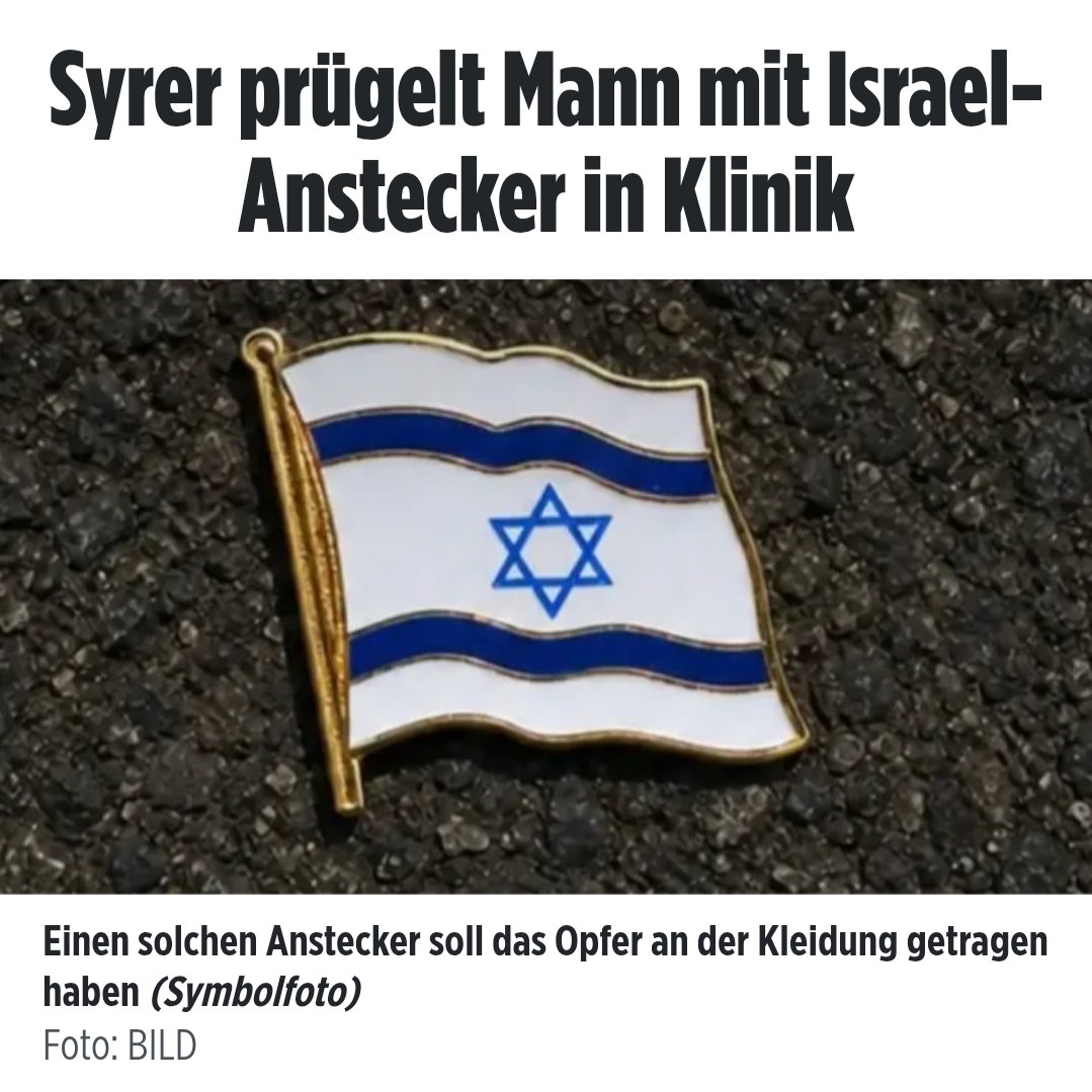Heilenderer's tweet photo. Ein Mann steht in Höchberg (Bayern) neben einem Syrer an der Ampel. Der Syrer sieht den Israel-Pin, den der Mann trägt und spricht ihn an, dann schlägt er ihm ins Gesicht.

Der Mann will wegrennen, doch der Syrer bringt ihn zu Fall.

Dann tritt er ihm mehrfach gegen den Kopf, den Oberkörper. 

Erst als die Polizei eingriff, ließ der Syrer von seinem Opfer ab.Das Opfer (Mitglied der DIG) erlitt u.a. einen Wirbelbruch.

Die Generalstaatsanwaltschaft ermittelt und wertet die Tat wohl als versuchten Mord.

---

Ein Israel-Pin reicht also heute offenbar aus, dass man ins Krankenhaus geprügelt wird.

Es ist nicht der erste Vorfall dieser Art und es wird nicht der letzte bleiben. Weil man lieber die hässliche, aNtiFaScHisTiscHe Fresse hält und die eigene bescheuerte HaLtuNg demonstriert, um ja nicht "den Falschen" zu nutzen oder zugeben zu müssen, dass man 10+ Jahre lang bescheuerte Politik gemacht und Phantome bekämpft hat, weils bequemer war.

Rant ende 😡